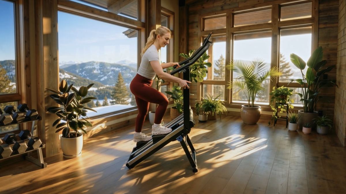 The finished frame: composed into a sunlit mountain-view home gym.